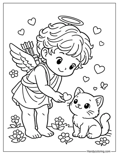 Cupid Playing With Cute Cat Coloring Page