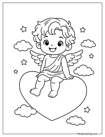Cupid Sitting On Heart Cloud Coloring Page