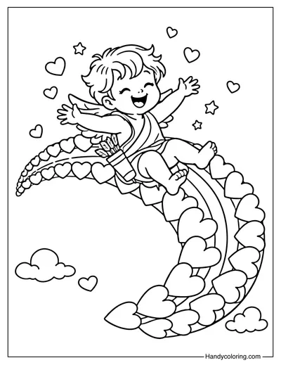 Cupid Sliding On Rainbow Of Hearts Coloring Page