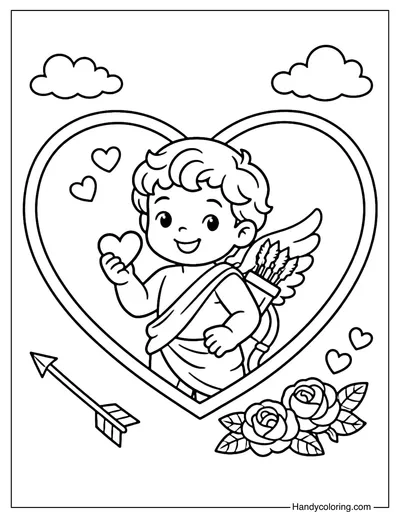 Cupid with Heart Frame Coloring Page