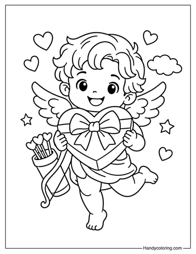 Cupid With Heart Gift Box Coloring Page