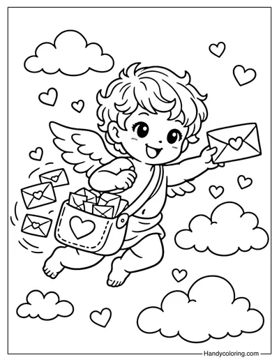 Cupid with Heart Mail Coloring Page