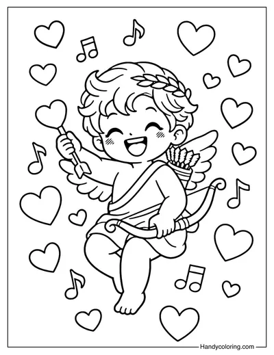 Cupid With Music Hearts Coloring Page
