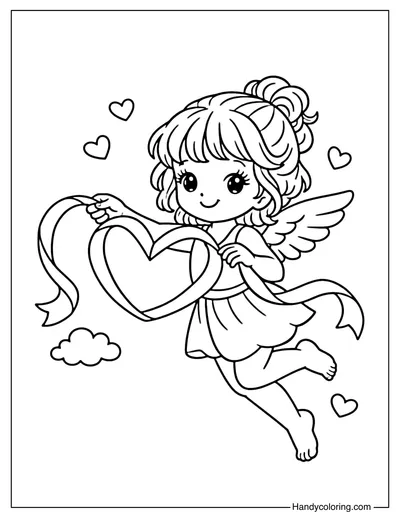 Cupid With Ribbon Hearts Coloring Page