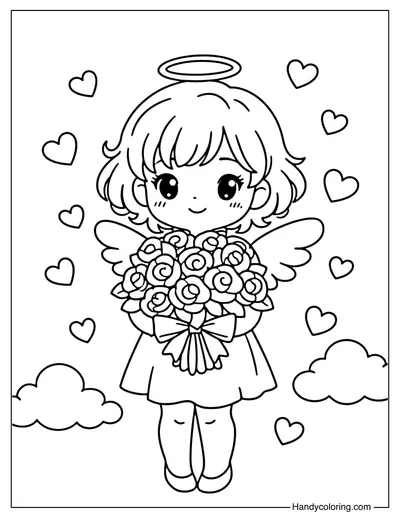 Cupid With Rose Bouquet Coloring Page