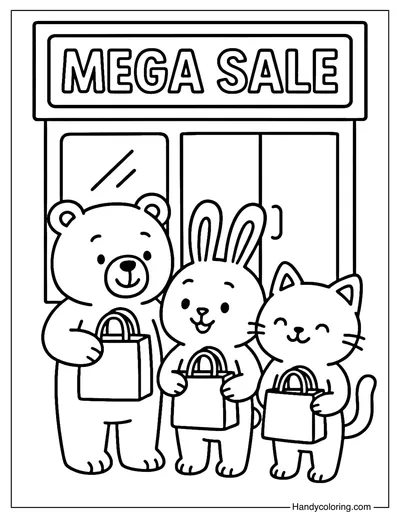 Cute Animal Shoppers Coloring Page