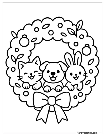Cute Animals Christmas Wreath Coloring Page