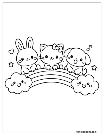 Cute Animals On Rainbow Coloring Page