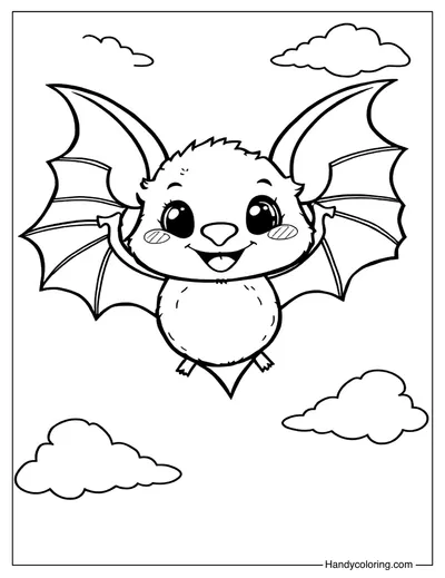 Cute Bat with Clouds Coloring Page