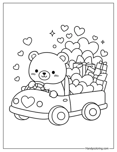 Cute Bear Driving Love Car Coloring Page