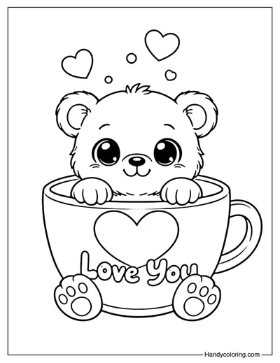 Cute Bear in Cup with Love Coloring Page