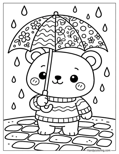 Cute Bear with Patchwork Umbrella Coloring Page