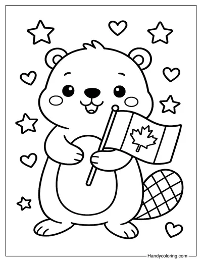 Cute Beaver Holding Canadian Flag Coloring Page