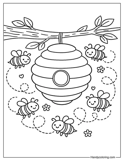 Cute Bees with Bee Hive Coloring Page
