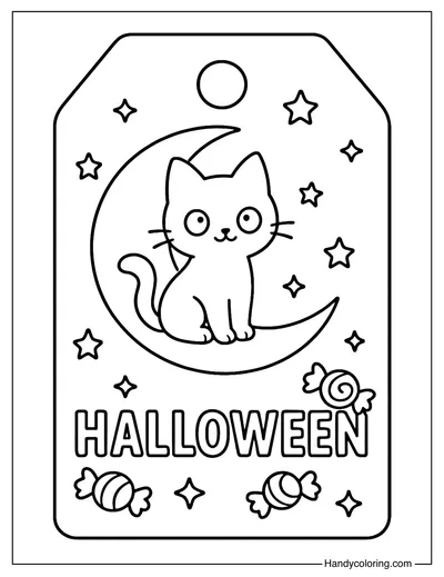 Cute Black Cat Candy Tag Coloring Page