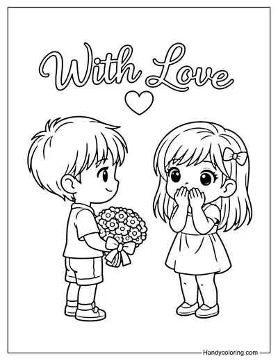 Cute Boy Giving Flowers Love Coloring Page
