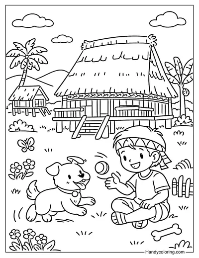 Cute Boy Playing With A Dog in front of a Village House