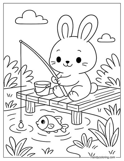 Cute Bunny Fishing Coloring Page