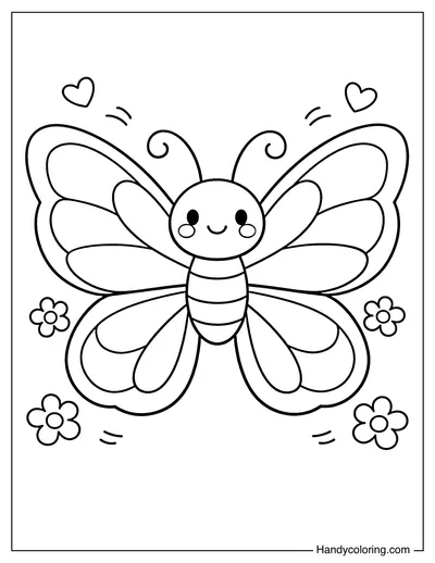 Cute Butterfly Flying with Hearts and  Flowers