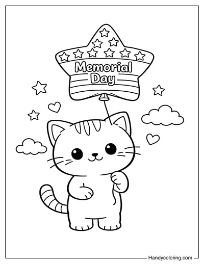 Cute Cat Holding a Memorial Day Flag Balloon