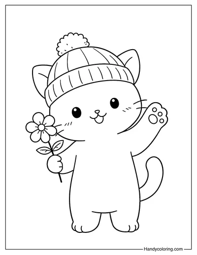 Cute Cat Holding Flower Coloring Page
