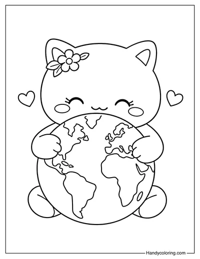Cute Cat Hugging Earth Coloring Page