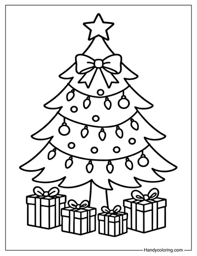 Cute Christmas Tree with Gifts Coloring Page