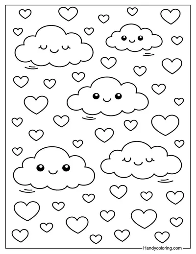 Cute Cloud and Heart Coloring Page