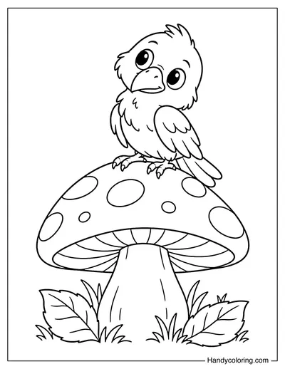 Cute Crow on a Giant Mushroom