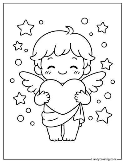 Cute Cupid With Heart Coloring Page