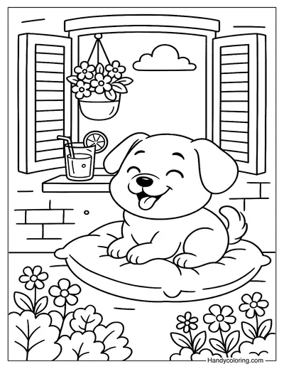 Cute Dog lying on a Pillow by the Window Coloring