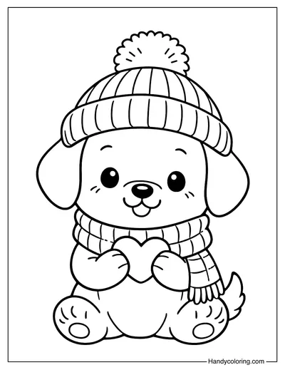Cute Dog Winter with Heart Coloring Page