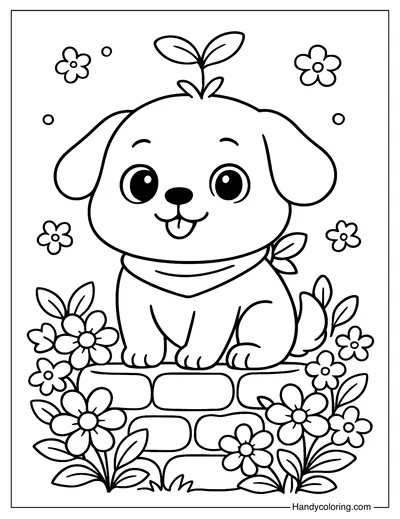 Cute Dog with Leaf Sprout on Head Coloring Sheet