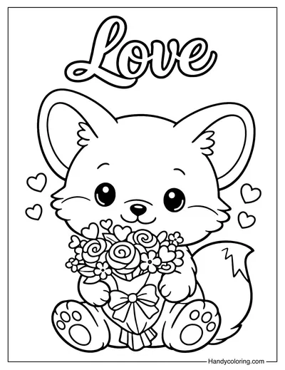 Cute Fox With Flowers Coloring Page