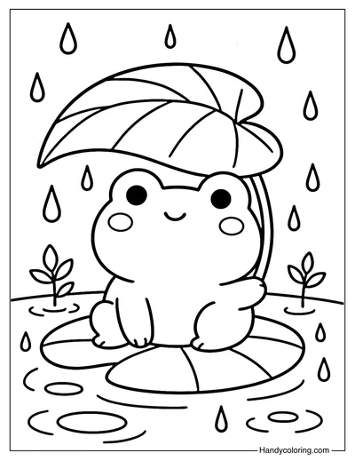Cute Frog under Leaf Umbrella Coloring Page