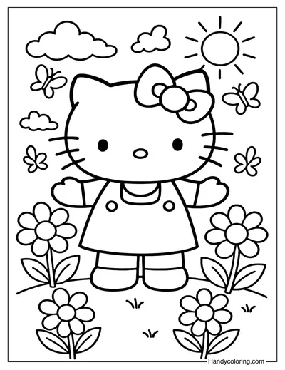 Cute Garden Hello Kitty Coloring Page