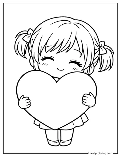 Cute Girl Hugging Big Heart Coloring Page