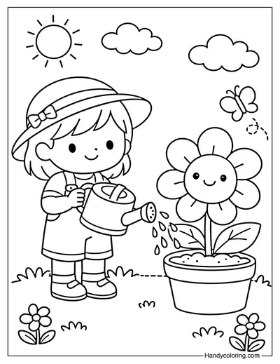 Cute Girl Watering Plants