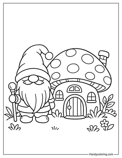 Cute Gnome by a Small Mushroom House