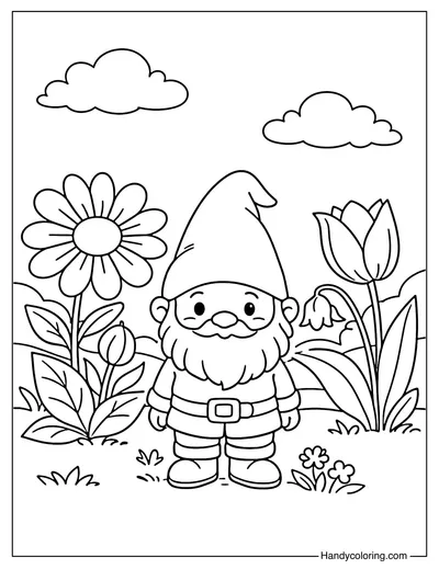 Cute Gnome in Flower Garden