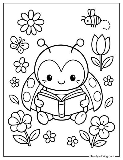 Cute Ladybug Reading Coloring Page