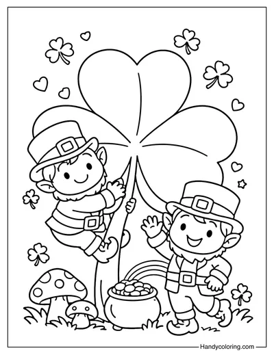 Cute Leprechauns and Shamrock Coloring Page