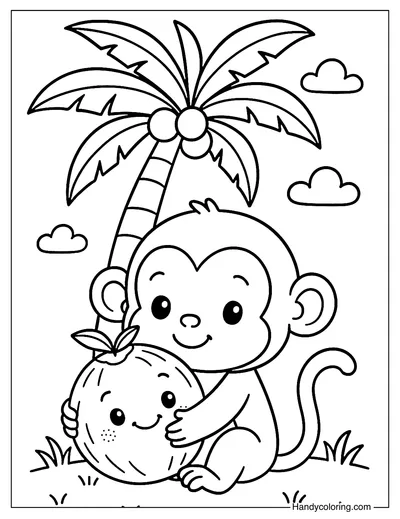Cute Monkey with Coconut Coloring Page