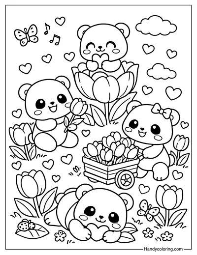 Cute Panda in Tulip Garden Coloring Page