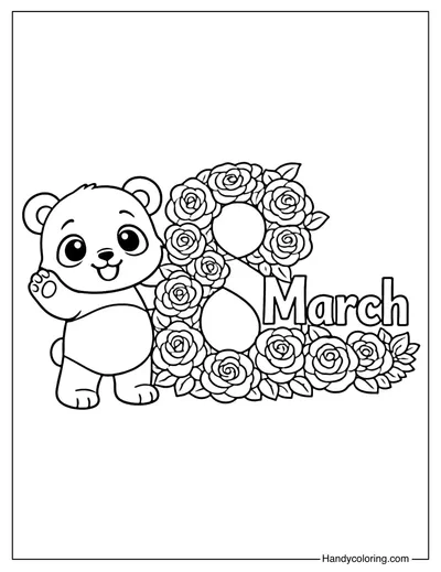 Cute Panda with 8 March Flowers Coloring Page