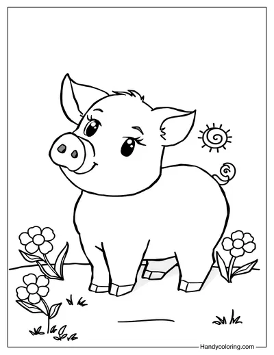 Cute Pig in a Flower Garden Coloring Page