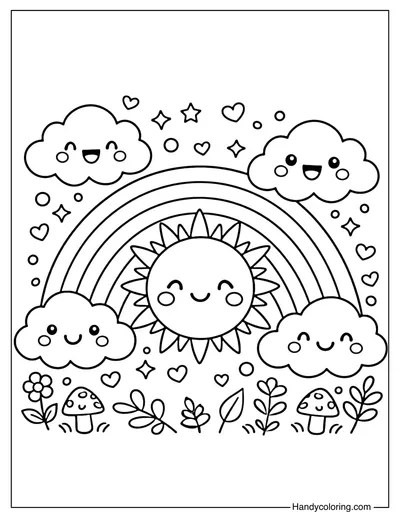 Cute Rainbow With Sun And Clouds Coloring Page