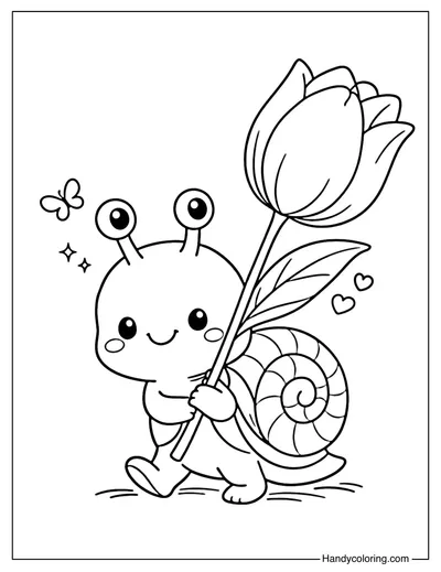 Cute Snail Holding Big Tulip Coloring Page