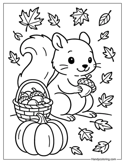 Cute Squirrel with Acorns Coloring Page