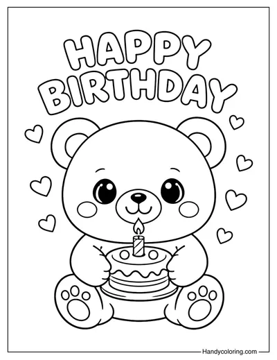 Cute Teddy Bear Birthday Cake Coloring Page